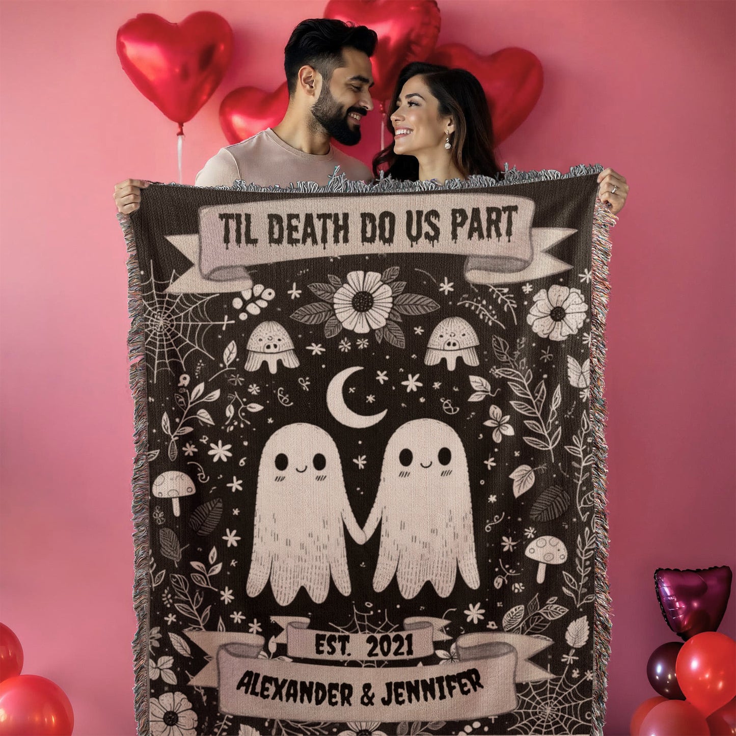 Til Death Do Us Part Personalized Ghost Couple Woven Blanket – Spooky Cute Wedding Gift