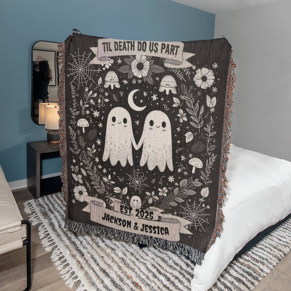 Til Death Do Us Part Personalized Ghost Couple Woven Blanket – Spooky Cute Wedding Gift