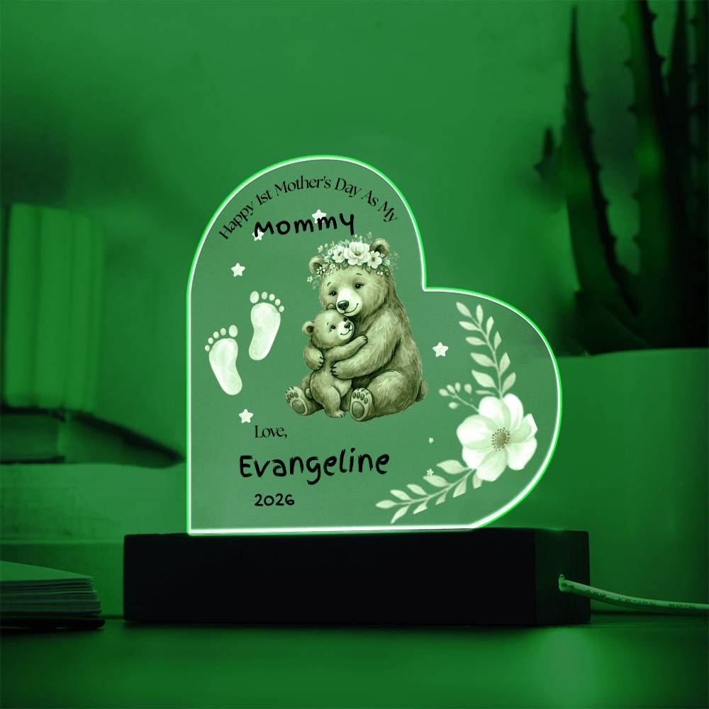 Personalized First Mother’s Day Gift for Mom – Custom Baby Footprint Acrylic Plaque Light – New Mom Keepsake with Baby Name – Heart Night Light
