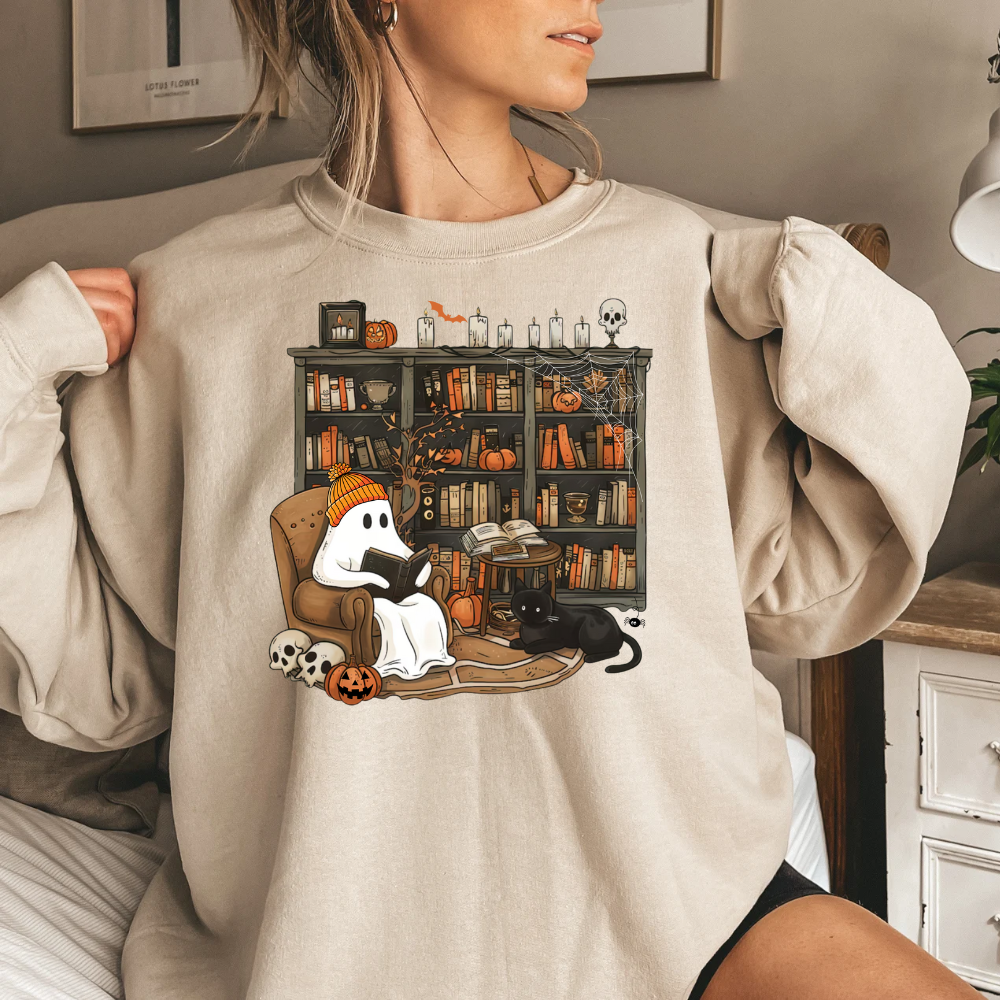Retro Ghost Reading Books Halloween T-Shirt | Sweatshirt | Hoodie