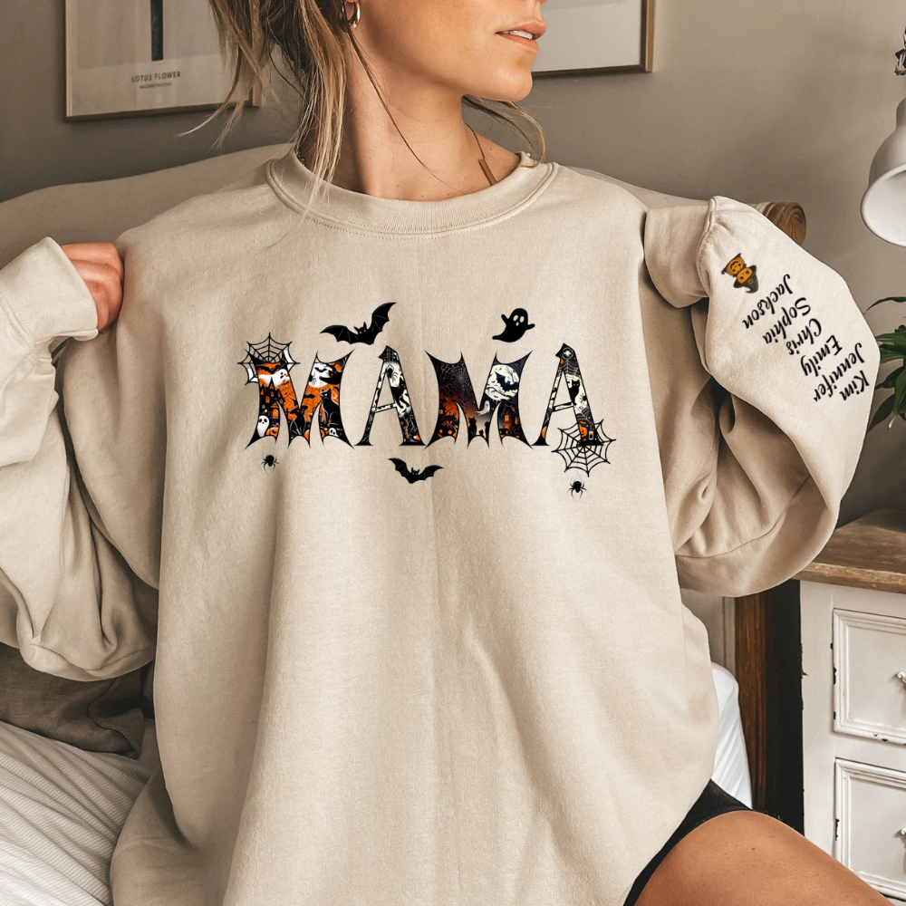 Personalized Halloween MAMA Sweatshirt with Kids' Names – Custom Fall Family Gift