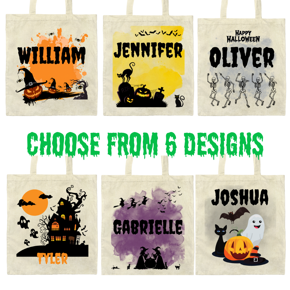 Personalized Halloween Tote Bag – Custom Name Trick or Treat Bag – 6 Spooky Designs