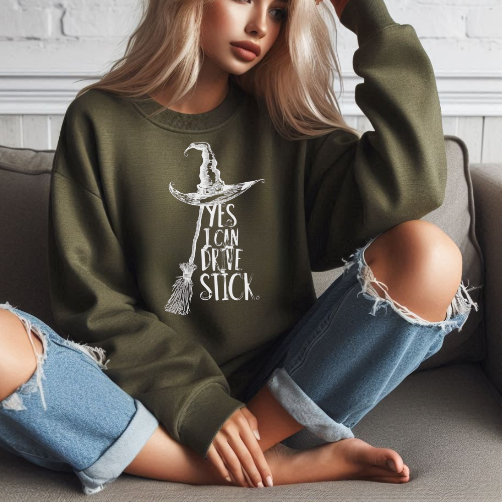 Funny Witch "Yes, I Can Drive Stick" Halloween Sweatshirt | Hoodie