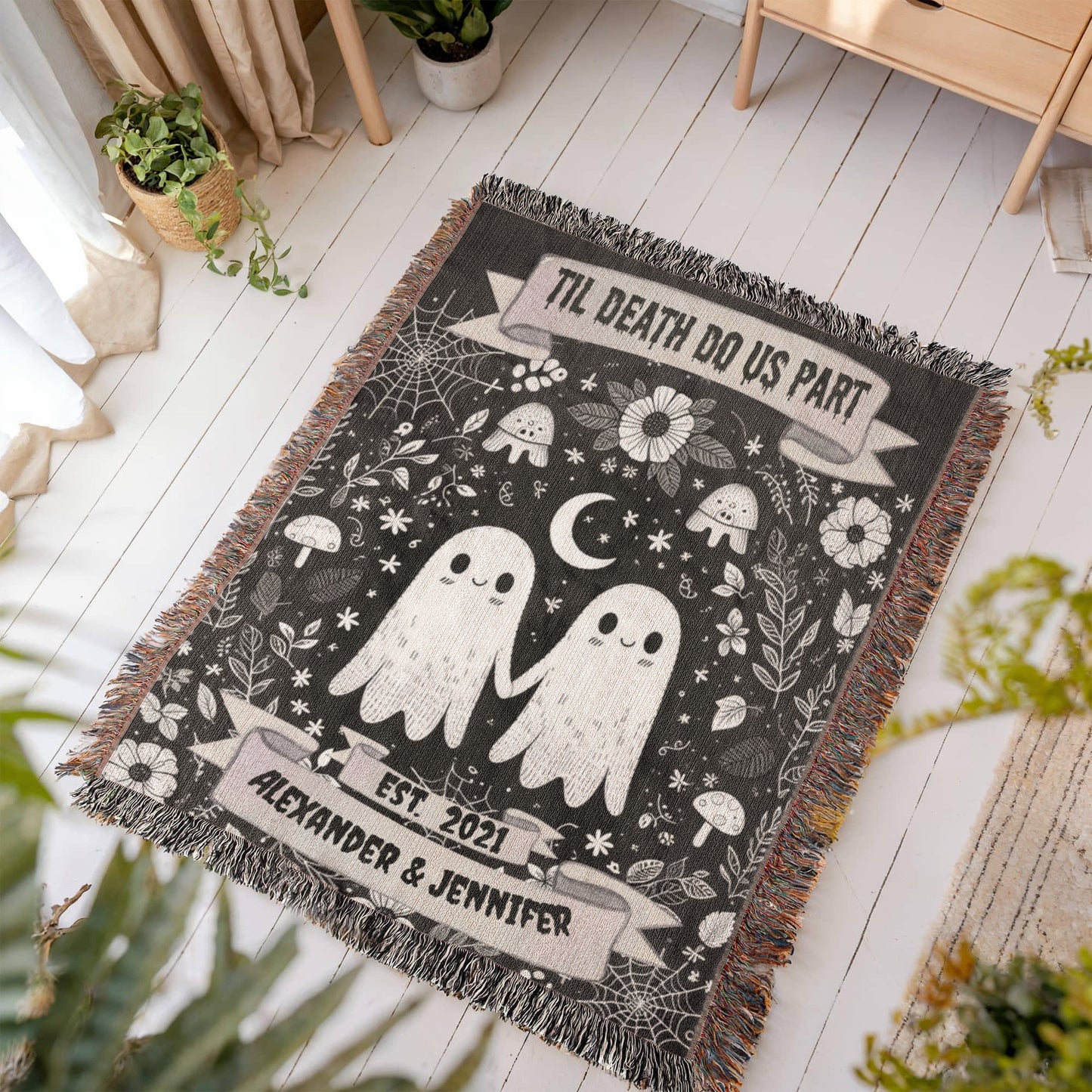 Til Death Do Us Part Personalized Ghost Couple Woven Blanket – Spooky Cute Wedding Gift
