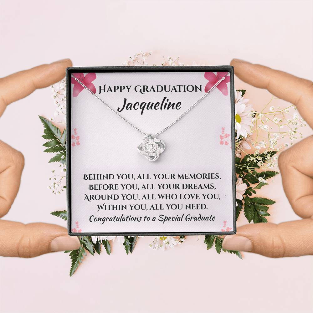 Personalized Graduation Necklace Gift for Her – Custom Name Jewelry, Daughter Graduation Gift 2026, White Gold or Gold Finish, Lighted Box Optionove Knot Necklace (Yellow & White Gold Variants)