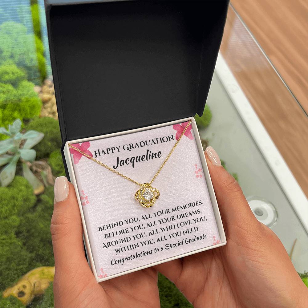 Personalized Graduation Necklace Gift for Her – Custom Name Jewelry, Daughter Graduation Gift 2026, White Gold or Gold Finish, Lighted Box Optionove Knot Necklace (Yellow & White Gold Variants)