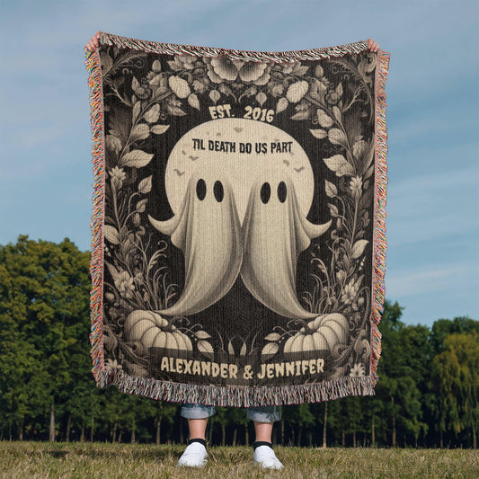 Til Death Do Us Part Spooky Ghost  Couple Woven Blanket – Cute Personalized Wedding Gift