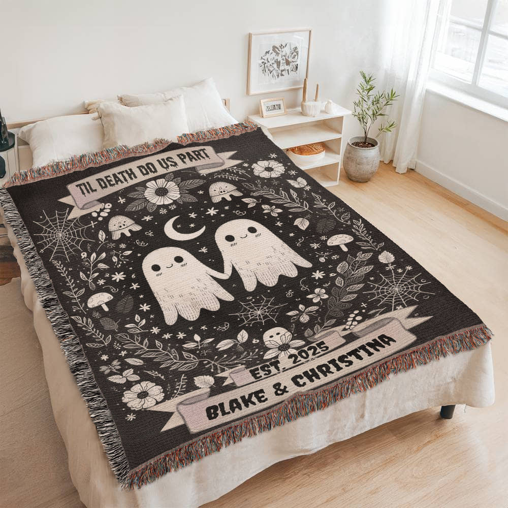 Til Death Do Us Part Personalized Ghost Couple Woven Blanket – Spooky Cute Wedding Gift