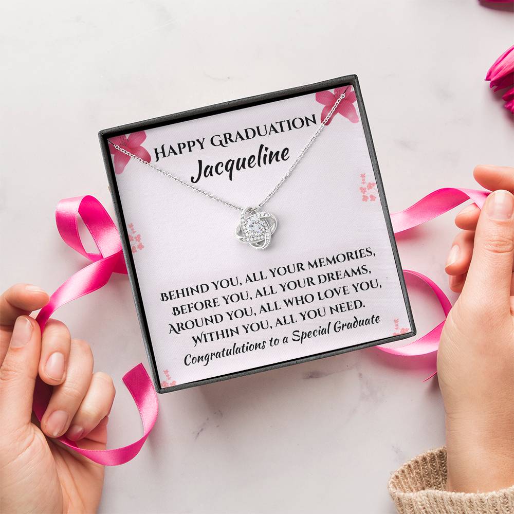 Personalized Graduation Necklace Gift for Her – Custom Name Jewelry, Daughter Graduation Gift 2026, White Gold or Gold Finish, Lighted Box Optionove Knot Necklace (Yellow & White Gold Variants)