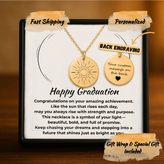 Personalized Graduation Jewelry Gift for Her - Sunray Engraved Gold Necklace with Inspiring Message Card, Custom Back Engraving