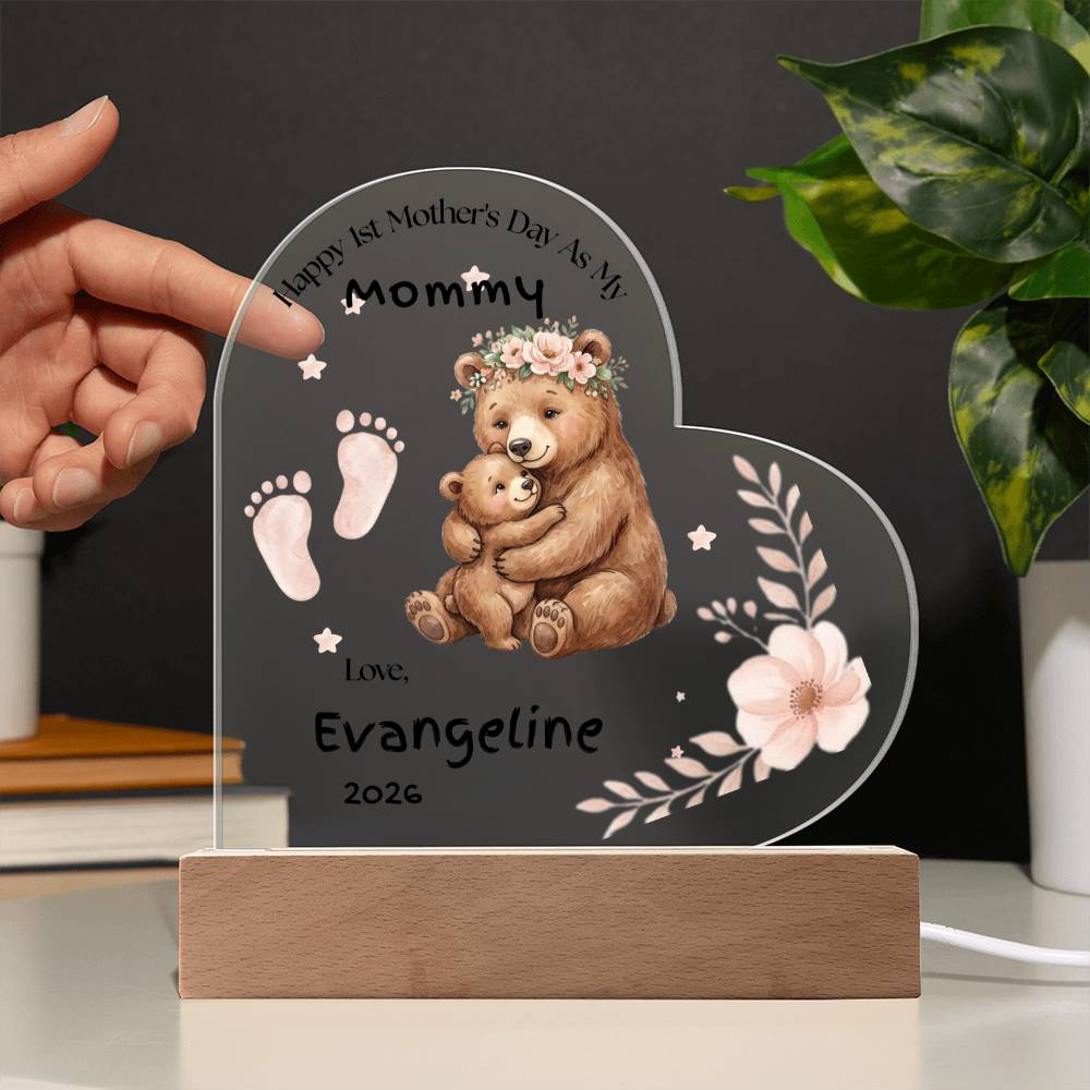 Personalized First Mother’s Day Gift for Mom – Custom Baby Footprint Acrylic Plaque Light – New Mom Keepsake with Baby Name – Heart Night Light
