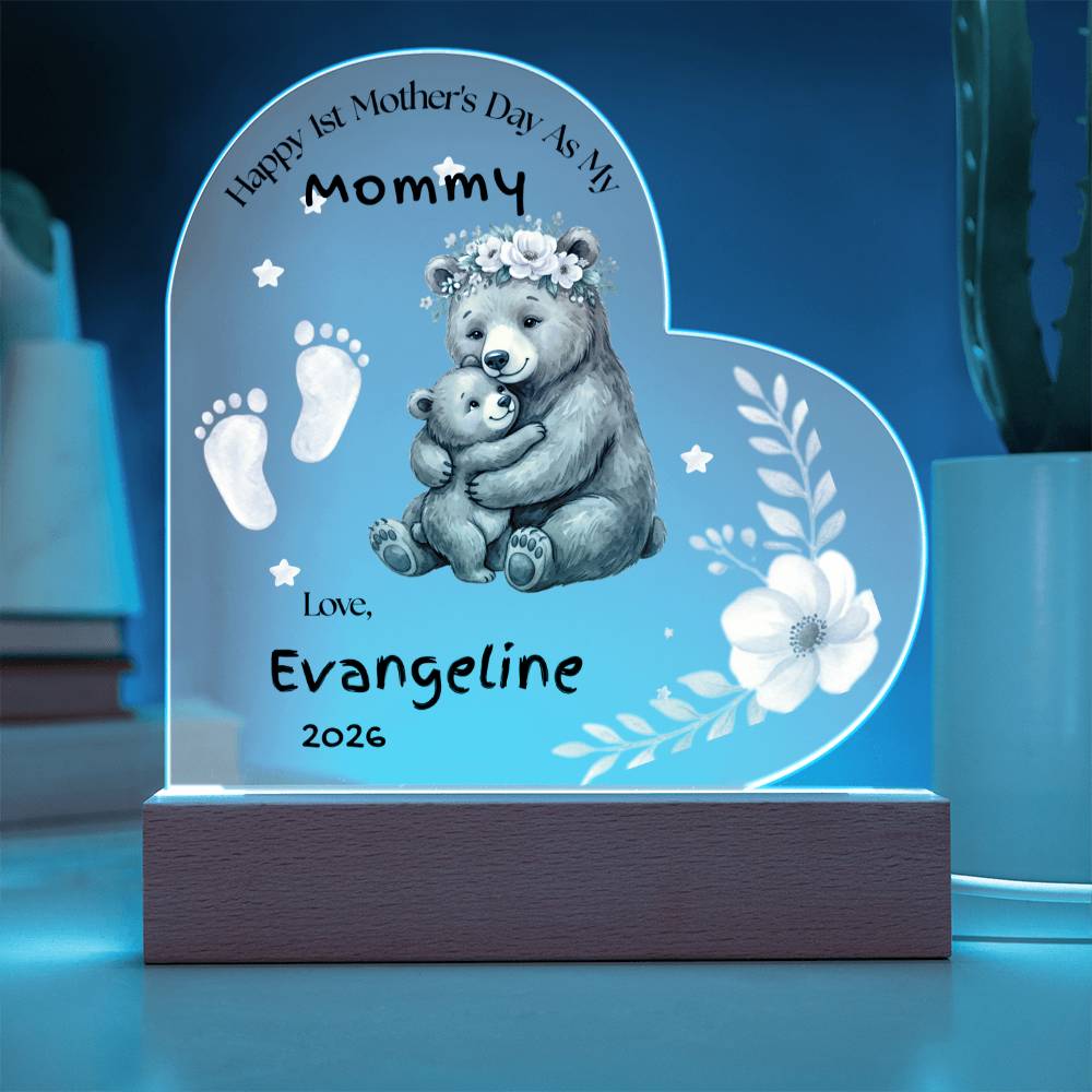 Personalized First Mother’s Day Gift for Mom – Custom Baby Footprint Acrylic Plaque Light – New Mom Keepsake with Baby Name – Heart Night Light