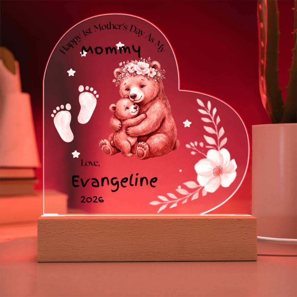 Personalized First Mother’s Day Gift for Mom – Custom Baby Footprint Acrylic Plaque Light – New Mom Keepsake with Baby Name – Heart Night Light