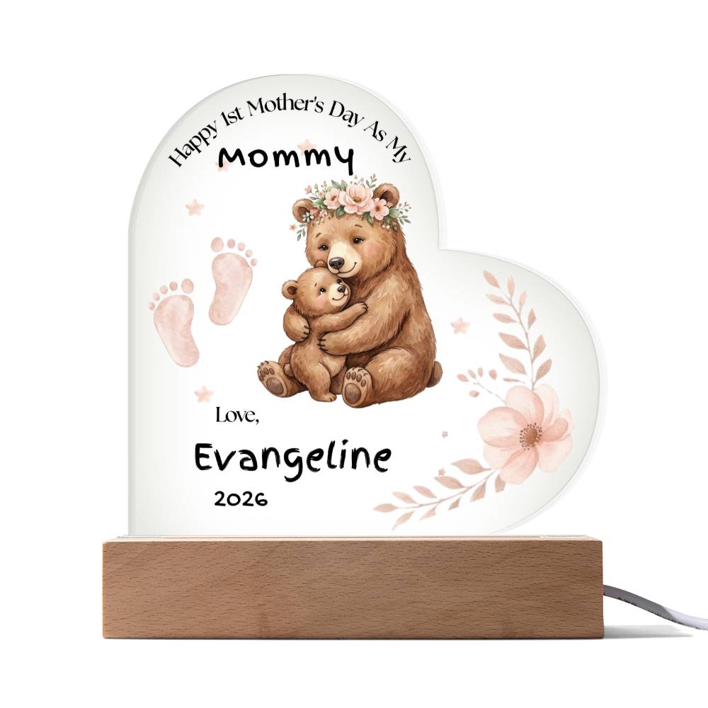 Personalized First Mother’s Day Gift for Mom – Custom Baby Footprint Acrylic Plaque Light – New Mom Keepsake with Baby Name – Heart Night Light