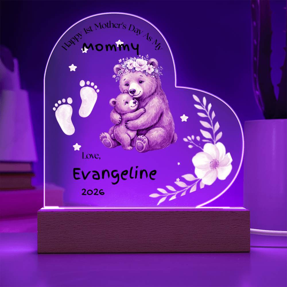 Personalized First Mother’s Day Gift for Mom – Custom Baby Footprint Acrylic Plaque Light – New Mom Keepsake with Baby Name – Heart Night Light