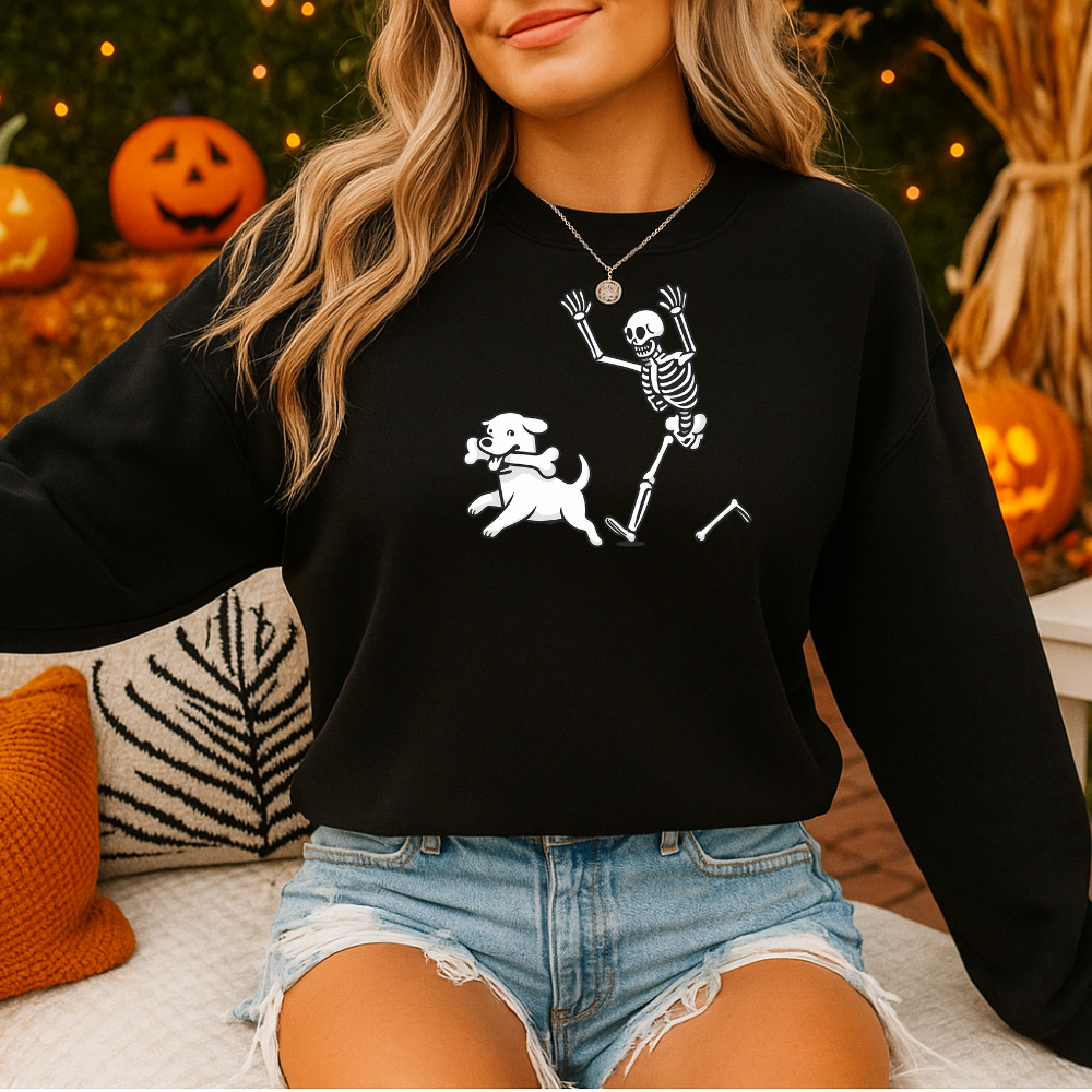 Funny Halloween Skeleton Dog Sweatshirt / Hoodie – Spooky Pup Bones Graphic Pullover