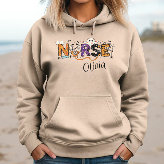 Personalized Spooky Halloween Nurse T-Shirt | Sweatshirt | Hoodie – Custom Name & Creepy Design