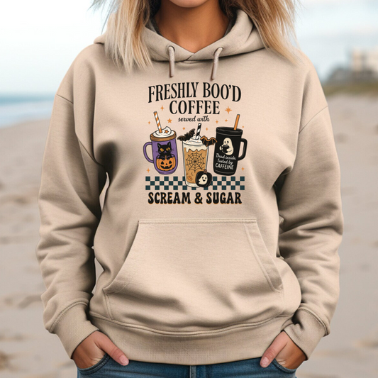 Halloween Caffeine Boo'd Coffee Served With Scream & Sugar Sweatshirt | Hoodie