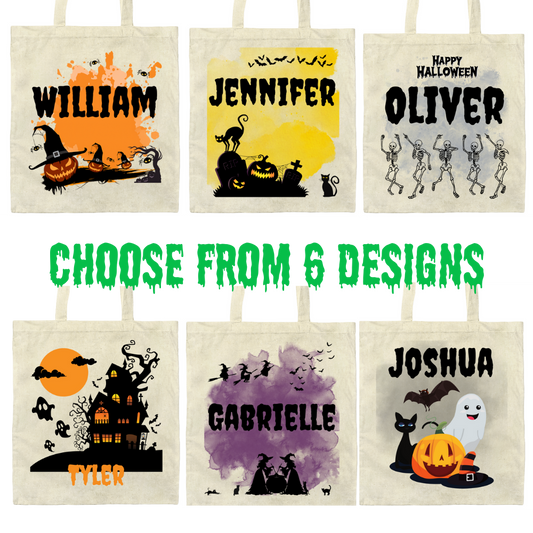 Personalized Halloween Tote Bag – Custom Name Trick or Treat Bag – 6 Spooky Designs