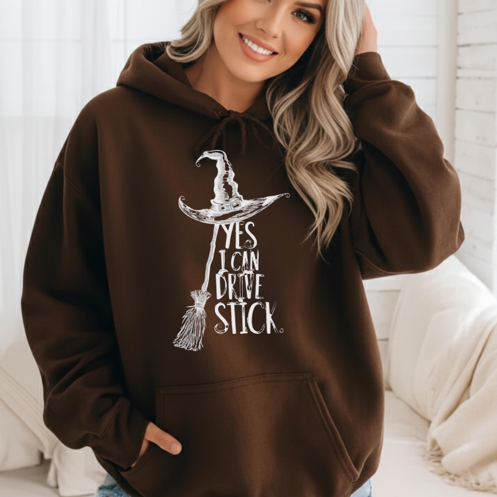 Funny Witch "Yes, I Can Drive Stick" Halloween Sweatshirt | Hoodie