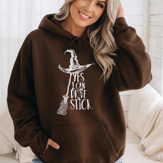 Funny Witch "Yes, I Can Drive Stick" Halloween Sweatshirt | Hoodie