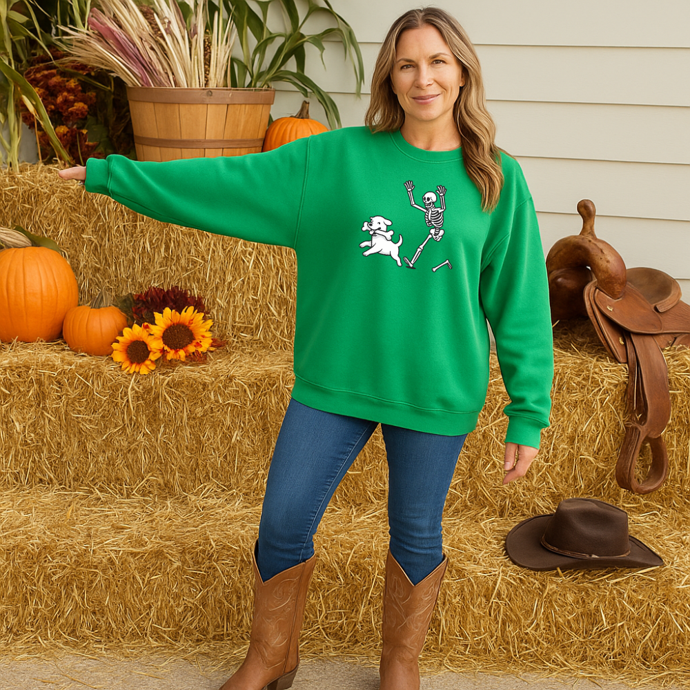 Funny Halloween Skeleton Dog Sweatshirt / Hoodie – Spooky Pup Bones Graphic Pullover