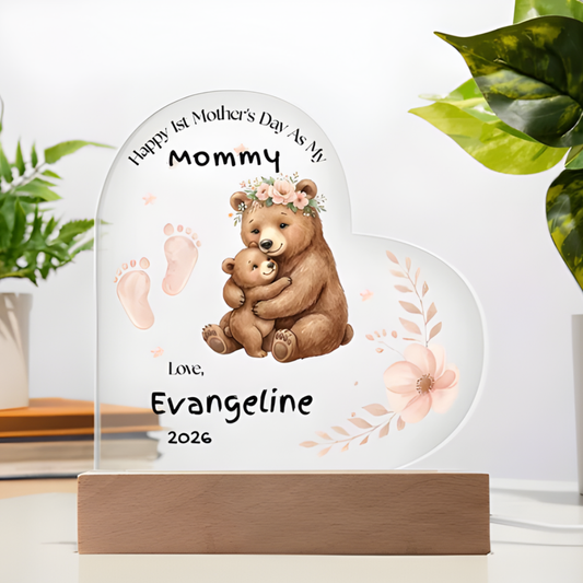 Personalized First Mother’s Day Gift for Mom – Custom Baby Footprint Acrylic Plaque Light – New Mom Keepsake with Baby Name – Heart Night Light