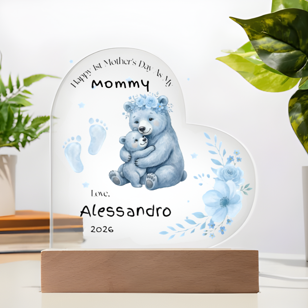Personalized First Mother’s Day Gift for Mom – Custom Baby Footprint Acrylic Plaque Light – New Mom Keepsake with Baby Name – Heart Night Light