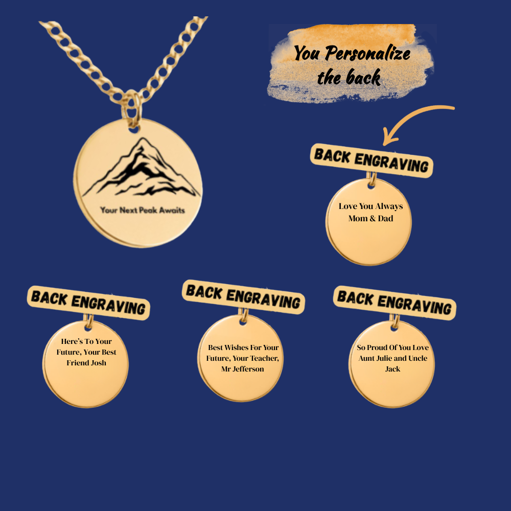 Your Next Peak Is Waiting – Graduation Engraved Mountain Disc Necklace & Inspirational Message Card | Gold Mountain Pendant Gift for Graduation, New Beginnings, & Milestone Achievements