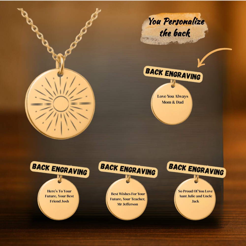 Personalized Graduation Jewelry Gift for Her - Sunray Engraved Gold Necklace with Inspiring Message Card, Custom Back Engraving