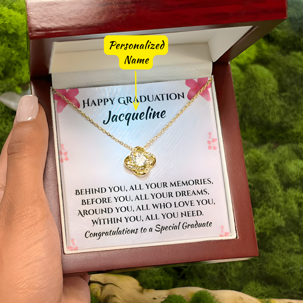 Personalized Graduation Necklace Gift for Her – Custom Name Jewelry, Daughter Graduation Gift 2026, White Gold or Gold Finish, Lighted Box Optionove Knot Necklace (Yellow & White Gold Variants)