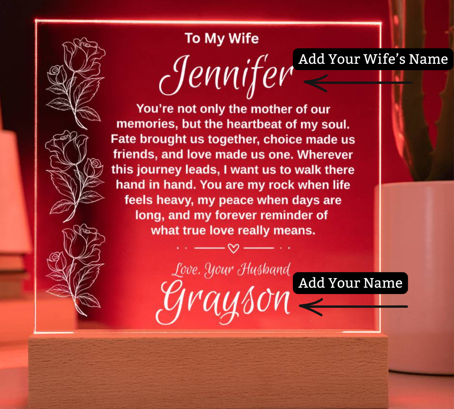 Personalized "To My Wife" Acrylic Plaque with 7-Color LED Base | Romantic Anniversary & Birthday Gift Keepsake