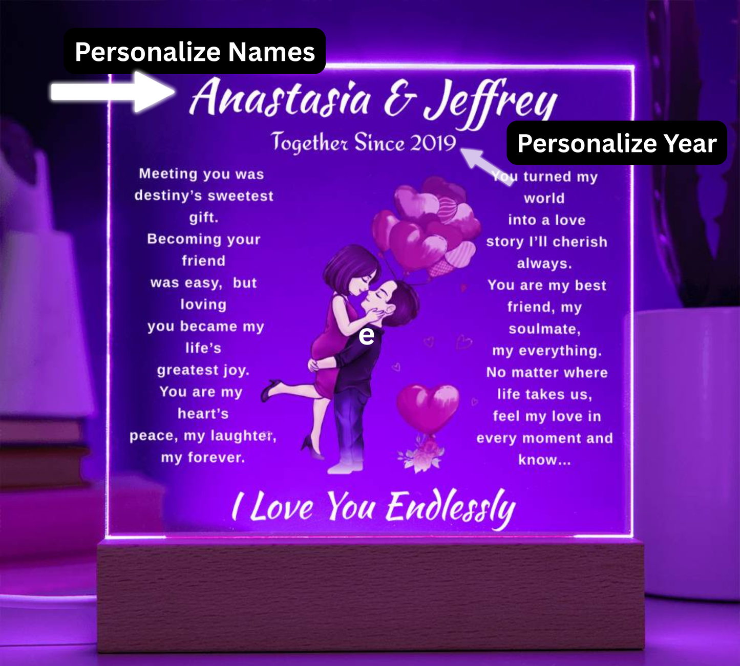 Personalized Couple's Acrylic Plaque with 7-Color LED Base | Romantic Anniversary & Birthday Gift Keepsake