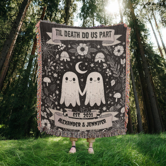 Til Death Do Us Part Personalized Ghost Couple Woven Blanket – Spooky Cute Wedding Gift
