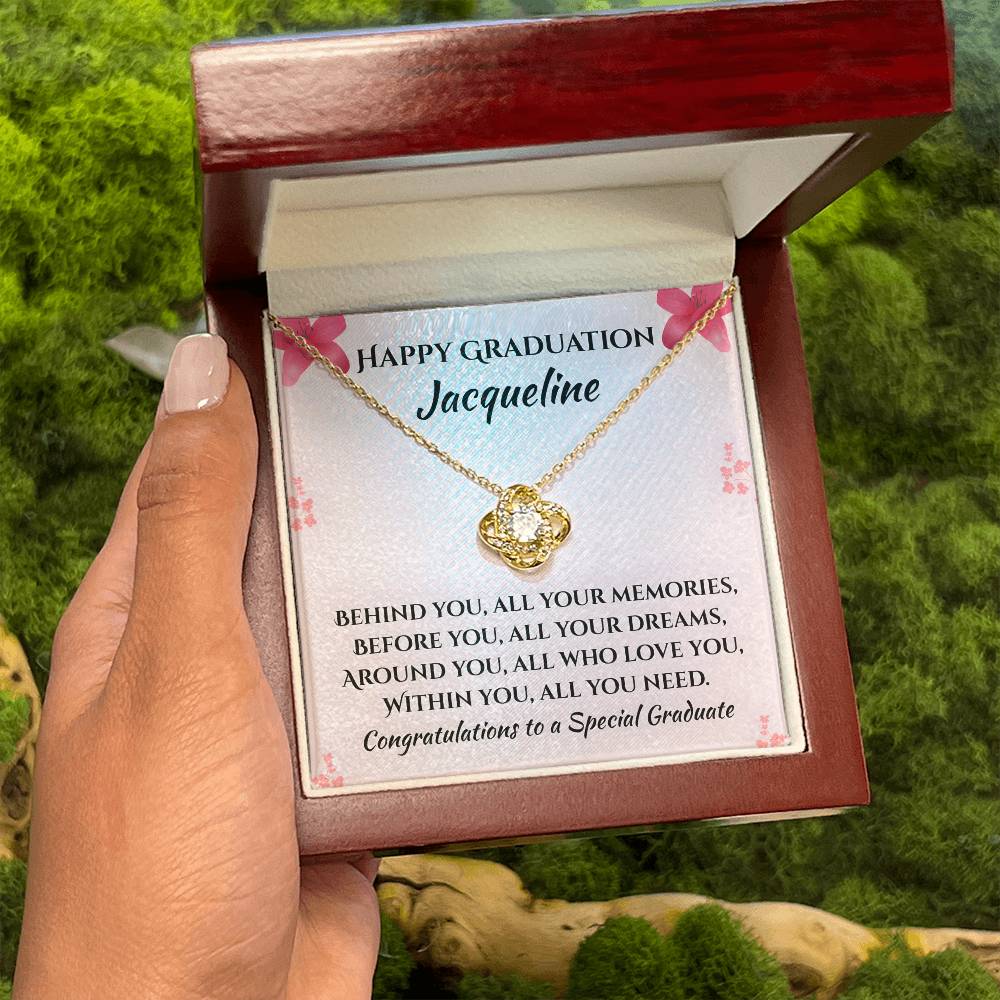 Personalized Graduation Necklace Gift for Her – Custom Name Jewelry, Daughter Graduation Gift 2026, White Gold or Gold Finish, Lighted Box Optionove Knot Necklace (Yellow & White Gold Variants)