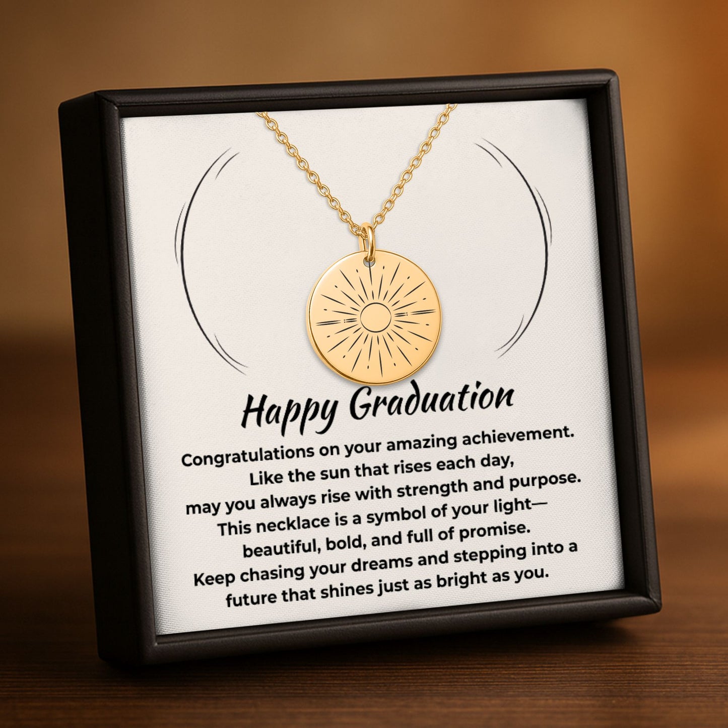 Personalized Graduation Jewelry Gift for Her - Sunray Engraved Gold Necklace with Inspiring Message Card, Custom Back Engraving