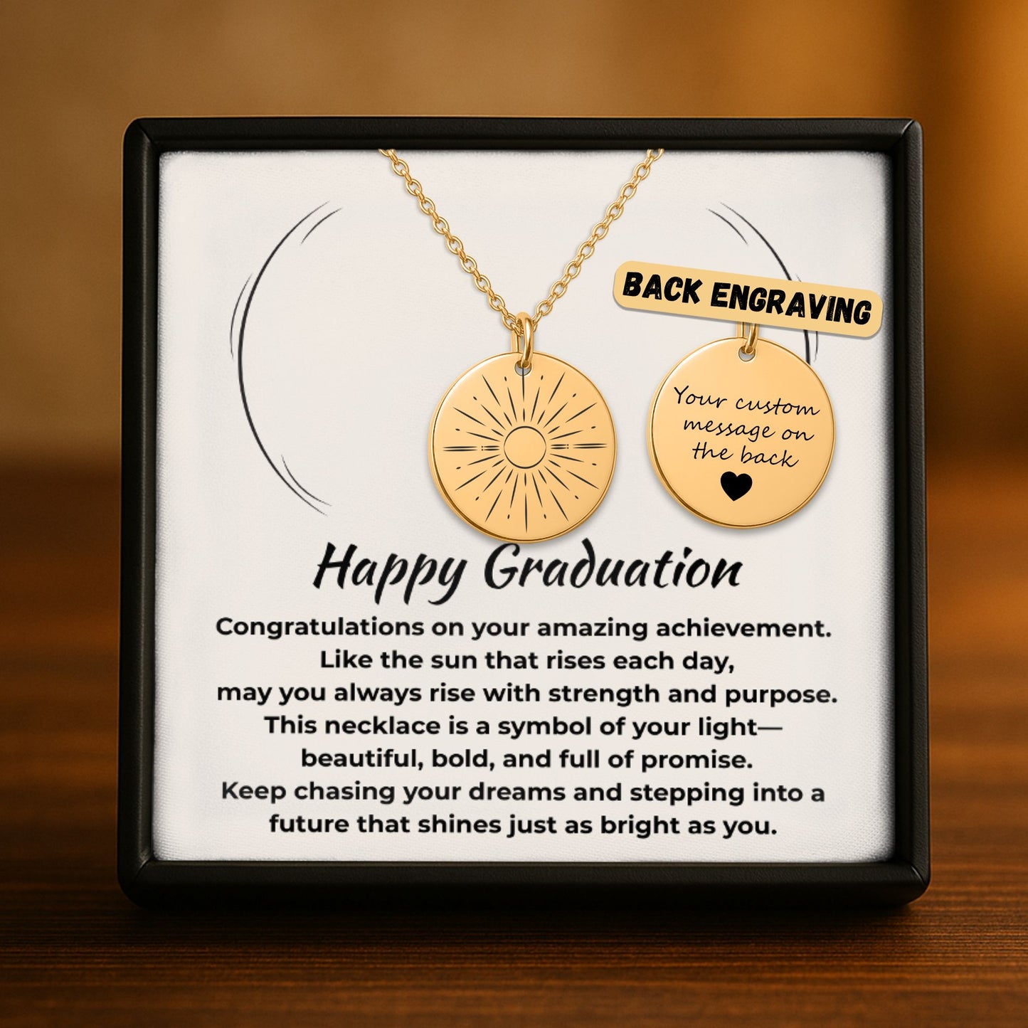 Personalized Graduation Jewelry Gift for Her - Sunray Engraved Gold Necklace with Inspiring Message Card, Custom Back Engraving