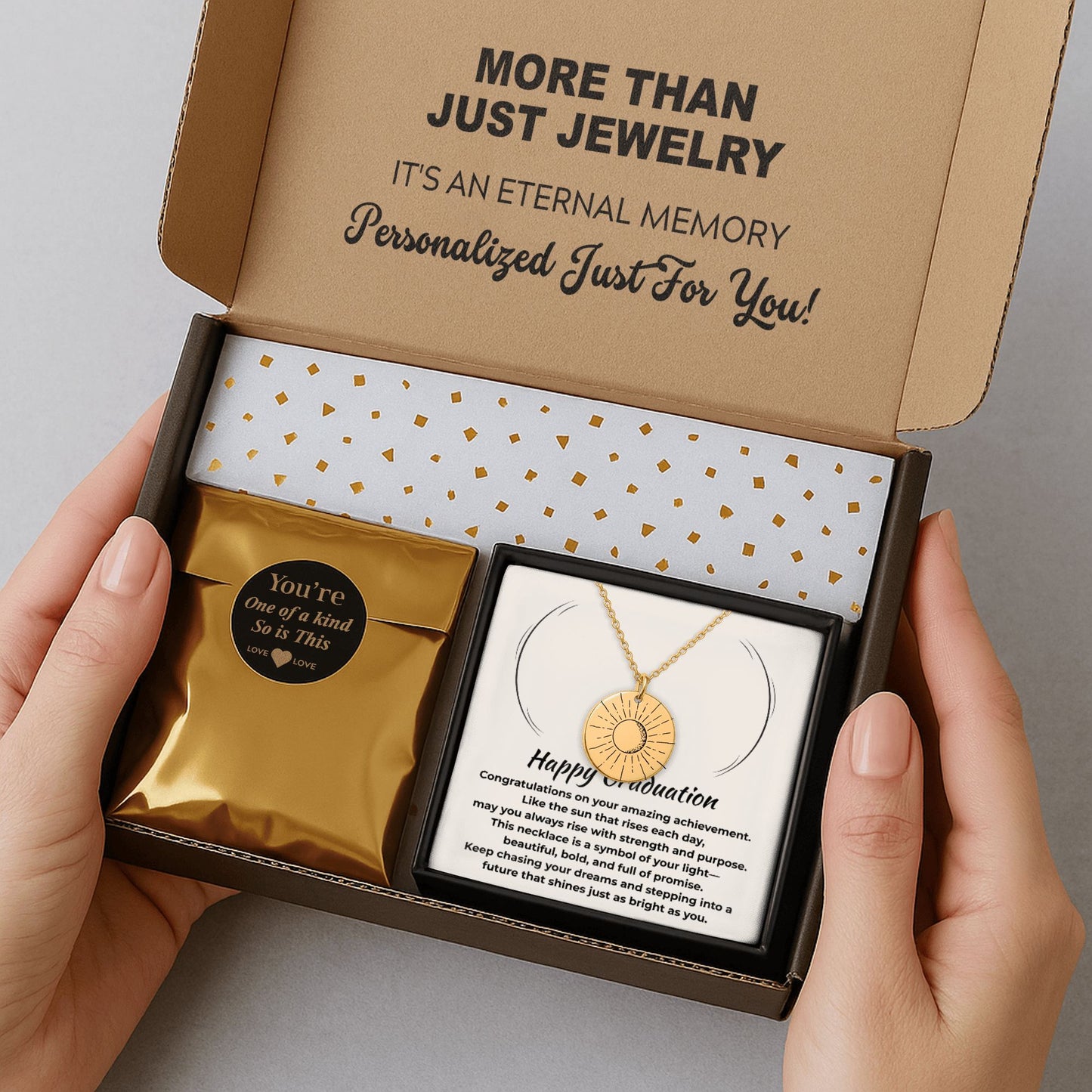 Personalized Graduation Jewelry Gift for Her - Sunray Engraved Gold Necklace with Inspiring Message Card, Custom Back Engraving