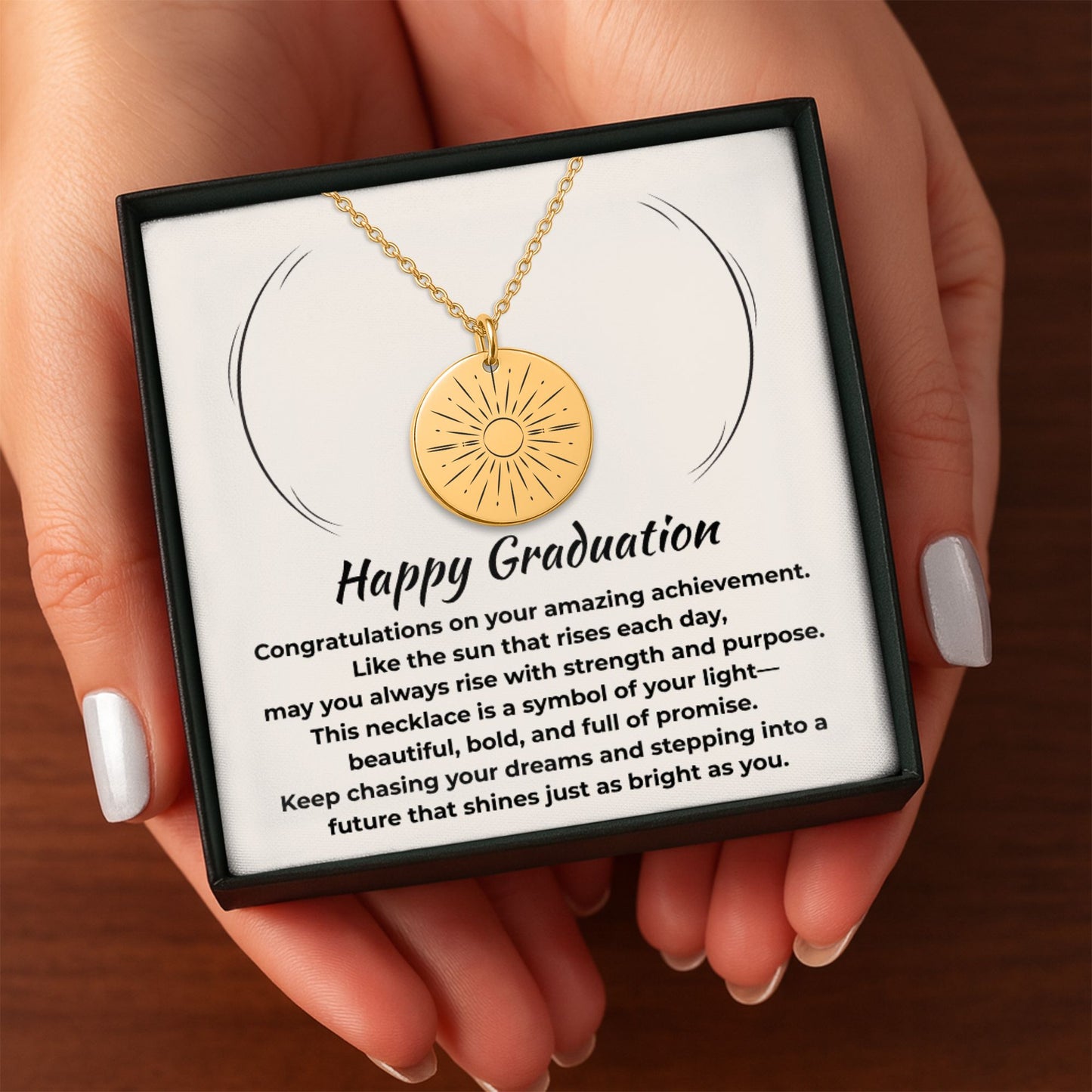 Personalized Graduation Jewelry Gift for Her - Sunray Engraved Gold Necklace with Inspiring Message Card, Custom Back Engraving