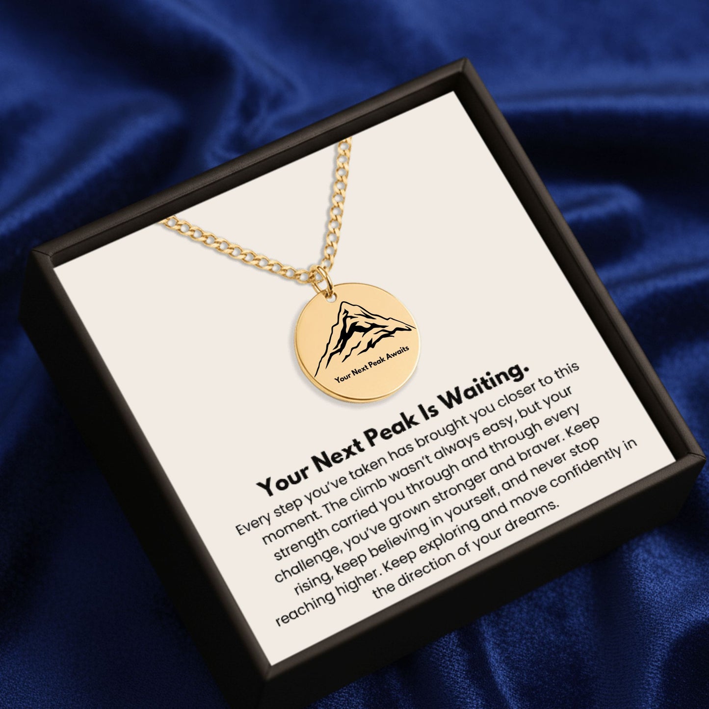 Your Next Peak Is Waiting – Graduation Engraved Mountain Disc Necklace & Inspirational Message Card | Gold Mountain Pendant Gift for Graduation, New Beginnings, & Milestone Achievements