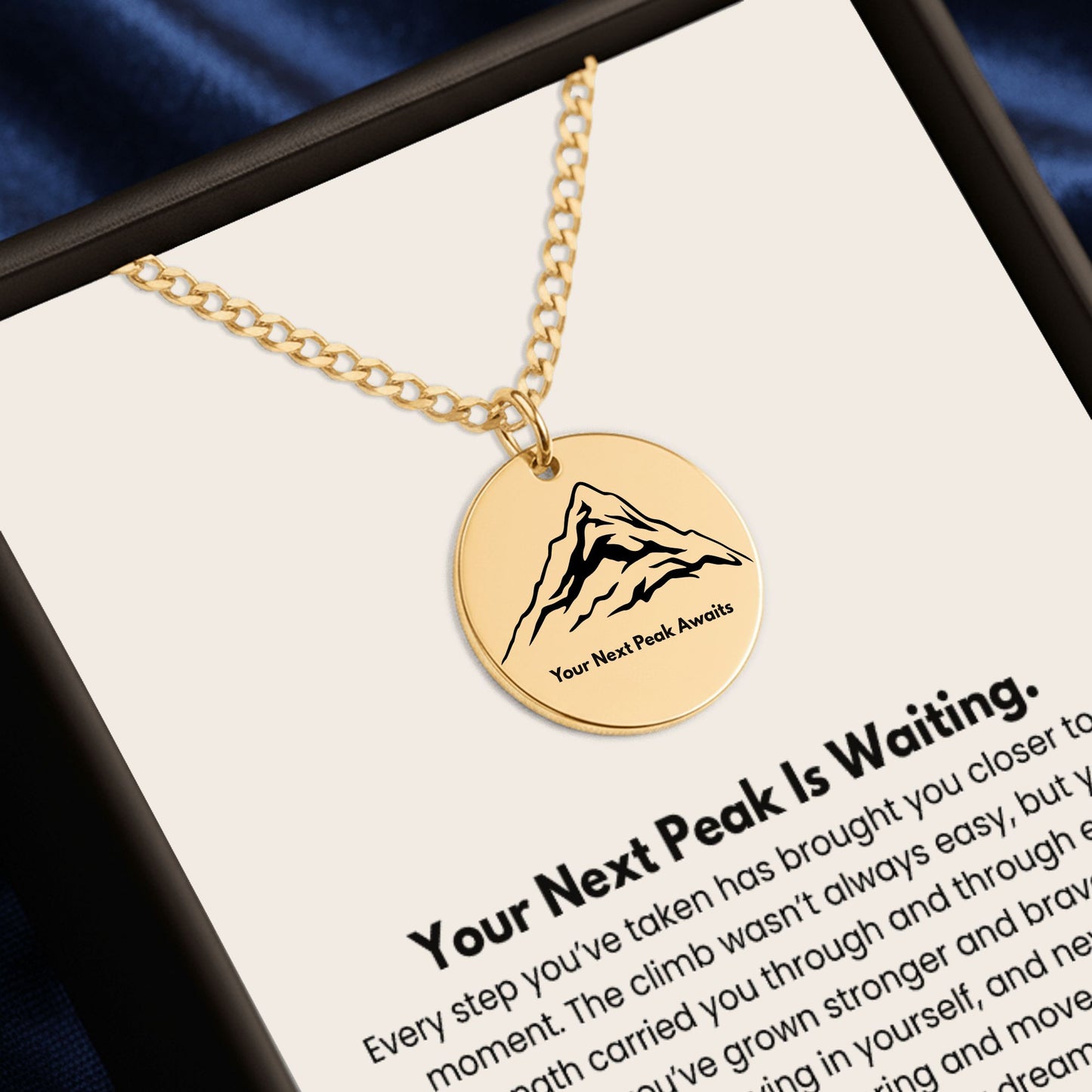 Your Next Peak Is Waiting – Graduation Engraved Mountain Disc Necklace & Inspirational Message Card | Gold Mountain Pendant Gift for Graduation, New Beginnings, & Milestone Achievements