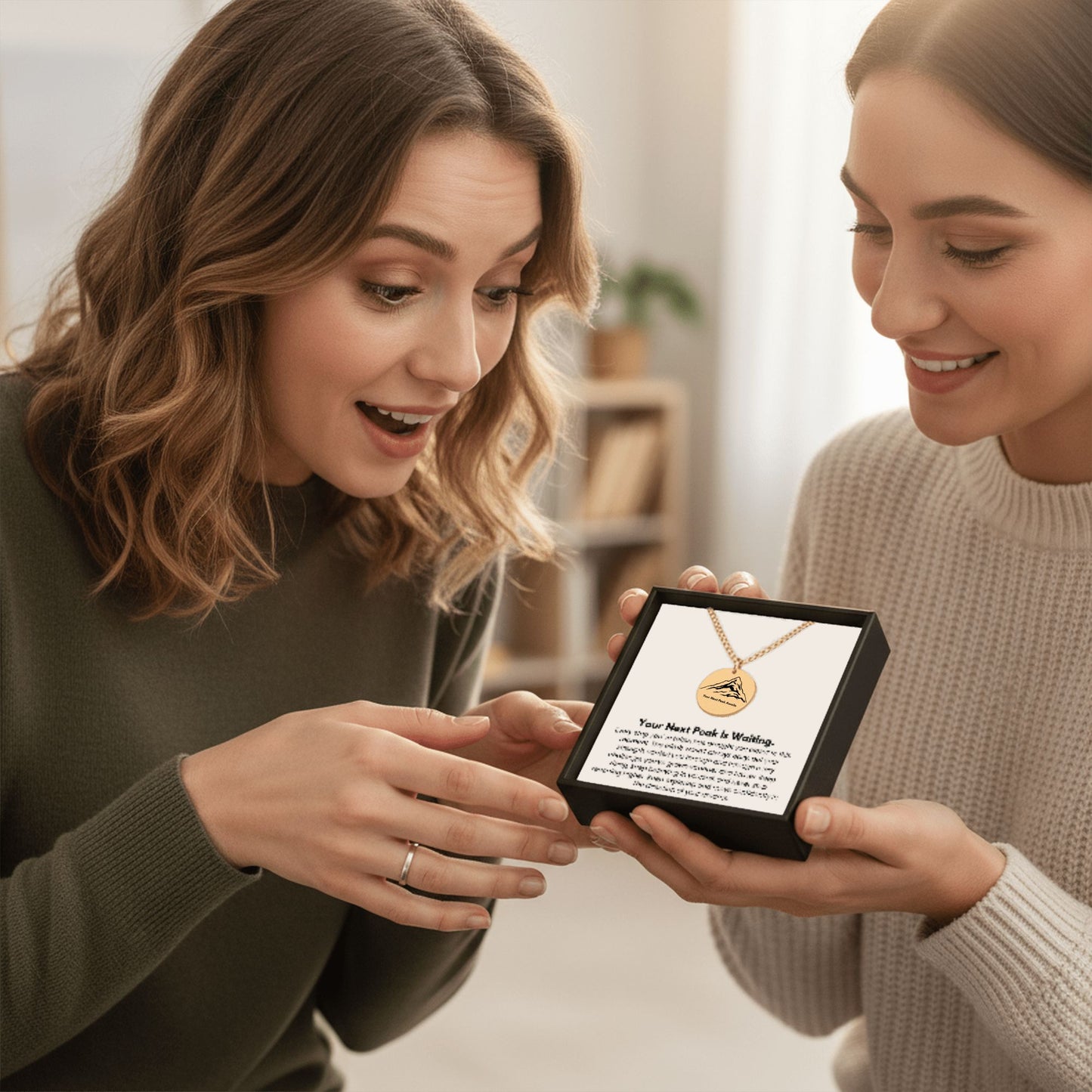 Your Next Peak Is Waiting – Graduation Engraved Mountain Disc Necklace & Inspirational Message Card | Gold Mountain Pendant Gift for Graduation, New Beginnings, & Milestone Achievements
